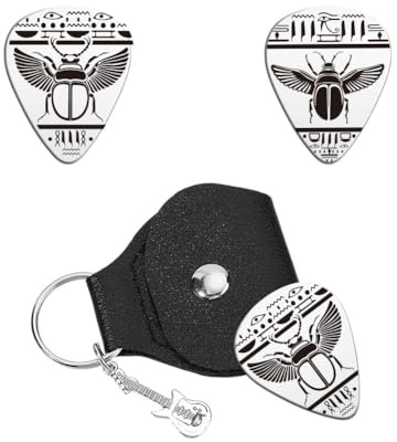 UNICRAFTALE 2 Stück Personalisierte Gitarrenplektren Geschenk Einseitig Graviert Ägyptisches Insektensymbol Edelstahl Gitarrenplektrum Mit PU Lederetui Plektrum Gitarrenset Für Gitarrenspielers