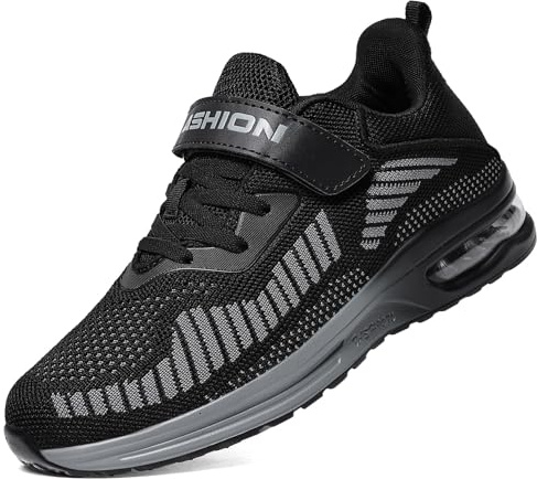 ASHION Pojkar flickor sneakers promenadskor mjuka, flexibla, stabila träningsskor, inomhusskor för barn, Svart grå, 37 EU