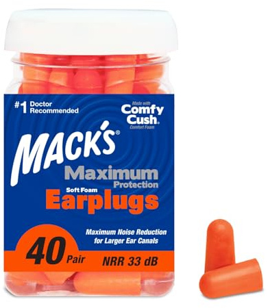 Mack’s Maximum Protection Soft Foam Earplugs – 40 Pair, 33 dB Highest NRR – Comfortable Ear Plugs for Sleeping, Snoring, Loud Concerts, Motorcycles and Power Tools | Made in USA