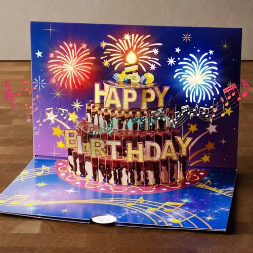 papercrush® Pop-Up Geburtstagskarte mit Musik & Licht - Musikalische Geschenkkarte mit 3D Geburtstagstorte und Happy Birthday Lied für Frauen (Freundin, Ehefrau, Mama) und Männer (Papa, Opa, Ehemann)