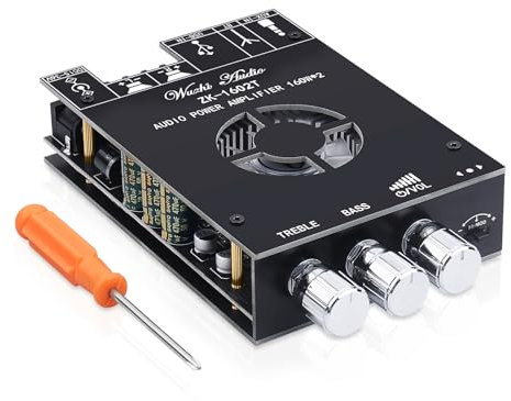 Amplificador HiFi con Bluetooth ZK-1602T Mini amplificador de audio estéreo de 2.0 canales, 160 W + 160 W, estéreo, miniamplificador, chip TDA7498E con TB, USB, AUX, CC 15-36 V para altavoces