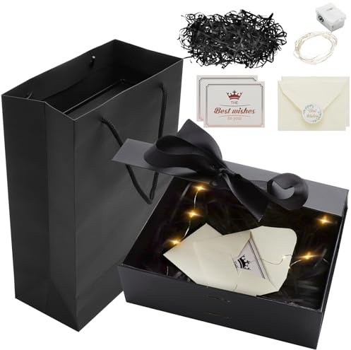 TNSLAND Scatola Regalo con Coperchio, 23x17x7 CM Scatola Regalo Grande con Sacchetto Regalo + Biglietto di Auguri + Lucine + Rafia + Fiocco, Scatole Regalo per Natale, Anniversario