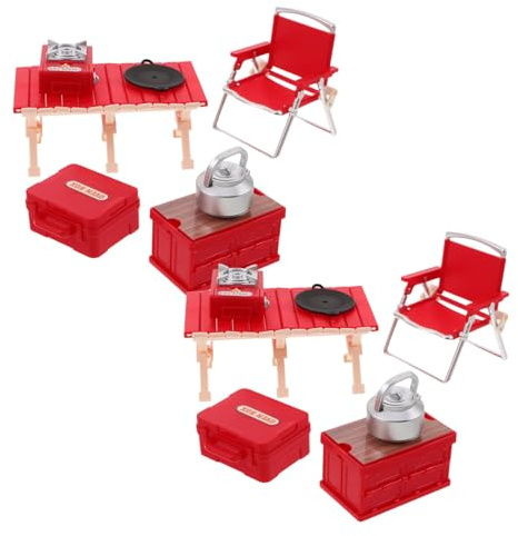 8 Pièces Set d’Équipement de Camping Miniature, Mobilier de Camping Pliable avec Table, Chaise, Réchaud, Poêle, Boîte de Rangement, Accessoires de Maison de Poupée & Décoration Wichtel (A)