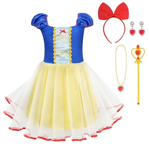 BSBUY Deguisement Princesse Robe Enfant Fille Bébé, Deguisement Robe Princesse Blanche Neige/Petite Sirene avec Accessoires de Baguette pour Enfant, Costume d' Halloween Anniversaire Fete Carnaval