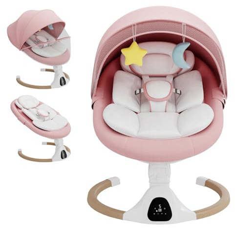 Babywippe Elektrisch, 0–6 Monate, max. 9 kg, Tragbares Neugeborenes Babyschaukel Indoor mit Bluetooth, 5 Schwenkgeschwindigkeiten, 3 Winkellage, Fernbedienung & Touch Panel Rosa