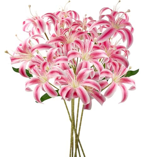 SNAIL GARDEN 6Pcs Artificial Lilies Set, 70cm Long Stem Pink Fake Lillies Faux Bouquet with 30 Lily Flowers Heads, Realistic Silk Lilies for Home Decor Wedding Arrangement DIY Vase Craft