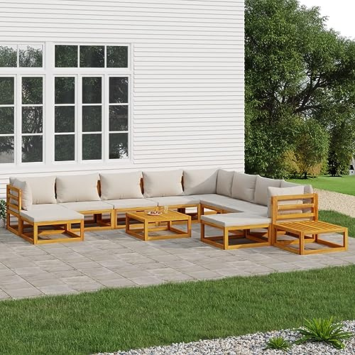 Mokuyary 12-TLG. Trädgårdsloungeset med ljusgrå kudde, massivt trä, trädgårdsmöbelset, utomhus, balkongset, terrassmöbler, trädgårdslounge, sittgrupp för terrass, balkong, trädgård