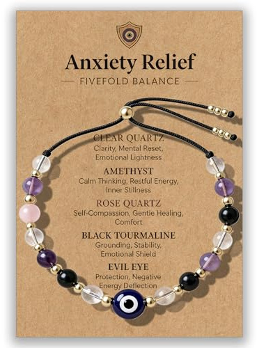 Virelle Anxiety Relief Bracelet for Women, Natural Healing Crystal Bracelets with Amethyst Rose Quartz Black Tourmaline Evil Eye, Stretchy Calming Gift for Friendship Menopause Spiritual Protection