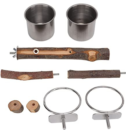 Support en Bois pour perroquets avec gamelle en Acier Inoxydable, Ensemble d’Alimentation pour Cage à Oiseaux, perchoir en Bois de Pommier Naturel avec gamelle Amovible pour (S)