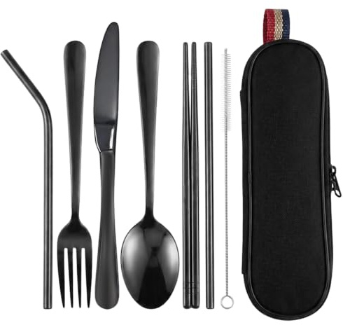 8PCS Travel Cutlery Set with Case, Portable Camping Cutlery Set for 1 | Reusable Stainless Steel Knife Fork Spoon Chopsticks Straw Set, Dishwasher Safe Flatware for Lunch Box Work School Picnic