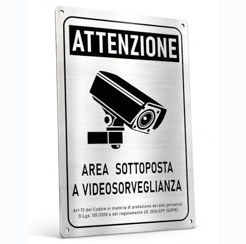 Longivia Cartello Area Videosorvegliata in Alluminio Spazzolato 22cm x 15cm | Spessore 1mm con Adesivo e 4 Fori| Elegante per esterno ed interno | Conforme GDPR per Telecamere di Videosorveglianza
