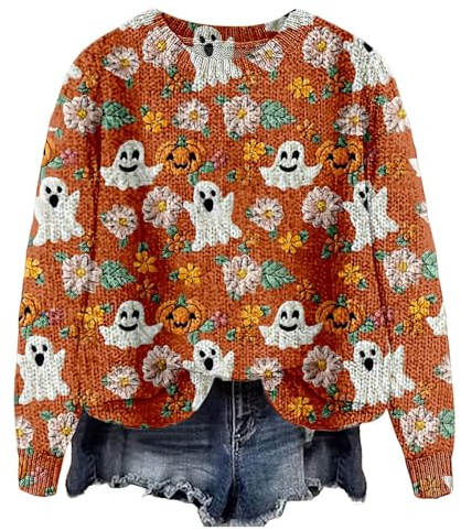 Halloweentröja dam virkad pumpa pumpa stickade toppar | Pumpa Pumpkin Tröja Rund Hals Långärmad Pullover Lättviktig Retro Tröja Utan Huva Tröja Höst Tröjor