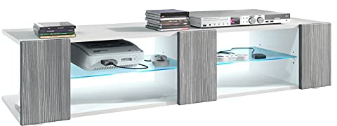 Vladon Buffet Bas Movie V2, Meuble TV avec 6 Compartiments Ouverts et placages décoratifs, Blanc Mat/Avola-Anthracite, éclairage LED Bleu Inclus (134 x 29 x 39 cm)