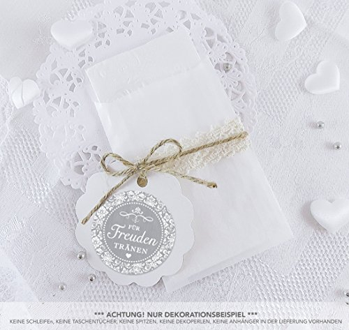 Freuden Tränen Taschentücher Set zur Hochzeit Klein 24 Sticker + 24 Pergamin Tütchen - 63 x 93 mm für Freudentränen Taschentuch Verpackungen Aufkleber in GRAU im Packpapier Shabby Chic Look