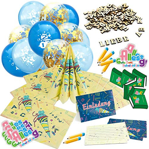 Oblique Unique® Schuleinführung Schulanfang Deko Set - Jungs & Mädchen: 15 Luftballons, 6 Einladungskarten, 20 Servietten, 100 Holz Buchstaben, 18 Konfetti - Schulanfang Deko Set für Jungs und Mädchen