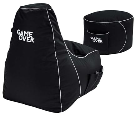 Game Over Videospiel-Sitzsack und Fußhocker Bundle | Indoor Outdoor | Seitentaschen für Controller | Headset-Halter | Ergonomisch geformt für Gamer (Purifying Code)