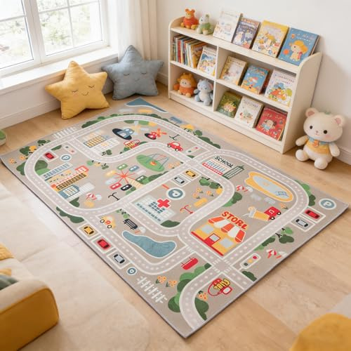 TYKTZXY Autoteppich Spielteppich Straße, Kinderteppich Jungen Straßenteppich, Bauteppich Fahrzeug Teppich Kinder, Grösse:140×200cm