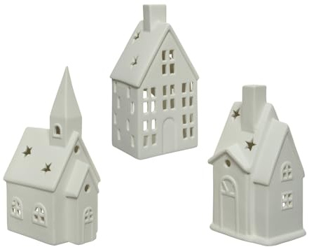 Teelichthalter Porzellan 16cm - Windlicht Laterne in Haus Form - 1 Stück Sortiert - Teelicht Kerzenhalter für Weihnachten - Tischdeko Tischlaterne Weiß