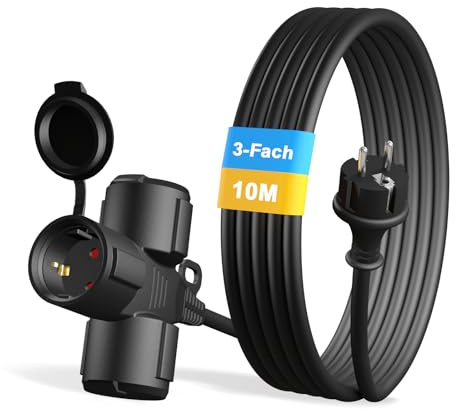 YIDE Verlängerungskabel Outdoor 10m mit 3 Schuko-Steckdosen, Gummi Verlängerung für den Außenbereich IP44, 3 Schutzkontakt Buchsen mit Schutzkappe, Baustellen Stromkabel außen 3500W, 3-Fach Verteiler
