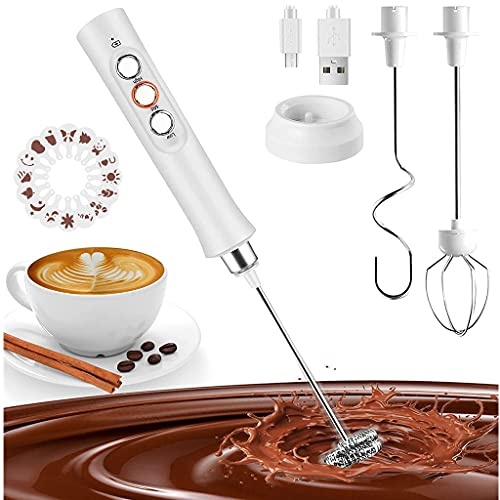 MEETOZ Milk Frother Quiet Hand held Frother Whisk, USB Recharge able 3 Speeds for Cappuccino,Lattes,Egg Mix, Matcha, Hot Chocolate, 3 Stainless Steel Whisks(16Pcs Art Stencils Free) (White)