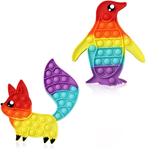 OCACA Pop it Fidget Toys, Fidget Pop Toys Push It Pop Bubble Sensory Toys zur Linderung von Stress und Angst für Sonderschulbedarf, Kinder und Erwachsene, 2 Packs(Pinguin + Fuchs)