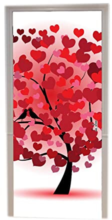 A.Monamour Türtapete Selbstklebend Türfolie Türposter 3D Herzförmige Rosa Rote Blätter Vogelpaar Im Baum Vinyl Folie Türdeko Tapete Wandbild Türaufkleber Türtattoo 90x200cm
