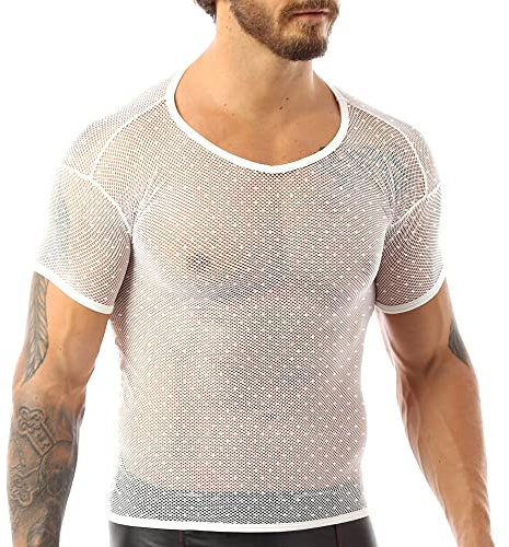 Hombres Ver a través de Manga Corta Malla Camisetas Rejilla Ajustada Camisas Muscle T-Shirts
