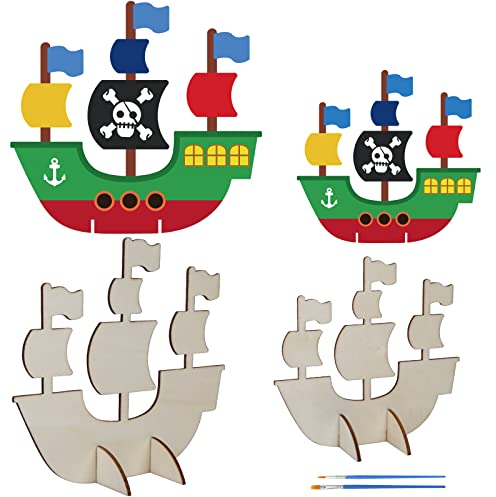 LAMEK 8 Stück Holz Piratenschiff Bastelset Kinder Segelschiff zum Bemalen Piraten Segelboot zum Basteln Kreativsets mit 2 Pinsel für Jungen Mädchen Schatzsuche Spiel Pirat Kindergeburtstag Party