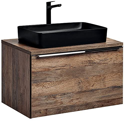 Lomadox Badmöbel Waschtisch Unterschrank Set 80cm in Vintage Oak Eiche Nb. 2 Softclose Schubkästen, 60cm Keramik-Waschbecken