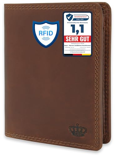 Baur portafoglio da uomo – vera pelle con protezione RFID – portafoglio grande verticale con 12 scomparti carte – ampio scomparto portamonete (Formato verticale con bottone interno, Marrone scuro)