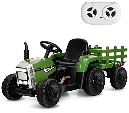 Maxmass 12V Kids Ride on Tractor and Trailer, Battery Powered Electric Vehicle with Remote Control, LED Lights, Music, Horn, USB, Bluetooth, Construction Car Toy for 3+ Boys Girls (Greyish Green)