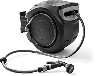 G.F. SRL, REWALL Globo Avvolgitubo Automatico a Parete per l'Irrigazione del Giardino, con 30 Metri di Tubo, Orientabile 180°, con Pistola Irrigazione 8 getti, Prodotto nel Regno Unito, Grigio Scuro