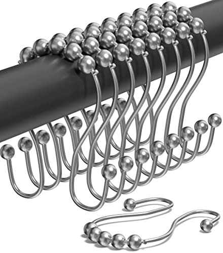 Double Shower Curtain Hooks Rust Proof - Set of 12 Stainless Steel Anti Drop and Balance Sliding Shower Curtain Rings - Smooth Glide Bathroom Curtain Hooks to Upgrade Your Bathroom's Aesthetic Appeal