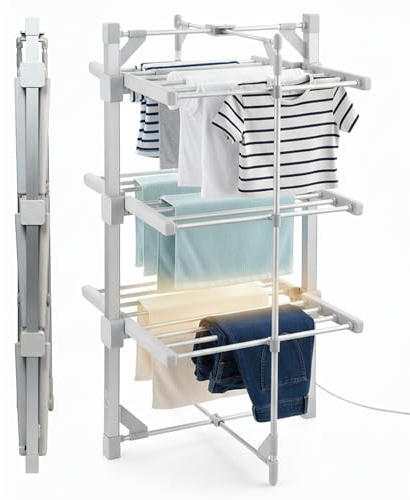 EPISENT 3-Tier Heated Clothes Airer – 24-Bar Aluminium Electric Drying Rack | Foldable Clothes Horse, Indoor Laundry Dryer for Towels & Bedding, Energy-Efficient Space-Saving Design 60×62×110 cm