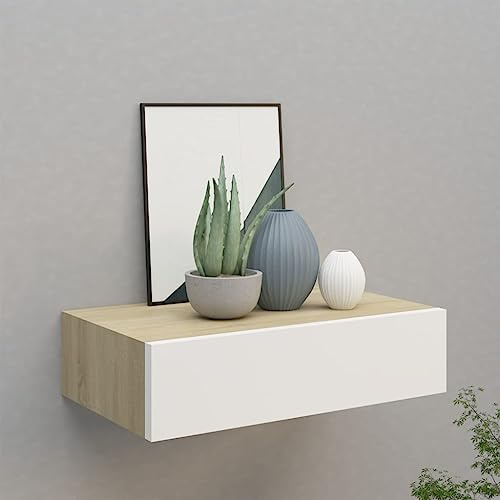 FENLAX Schweberegal 40x23,5x10 cm MDF, Metall Eichenbraun und Weiß Wandregal Mit Schublade Modern Hängeschrank