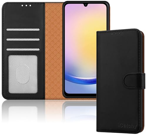 iCatchy for Samsung Galaxy A25 Case Leather Wallet Book Flip Folio Stand View Magnetic Protect RFID Blocking Cover compatible with Samsung A25 Phone Cover (Black)