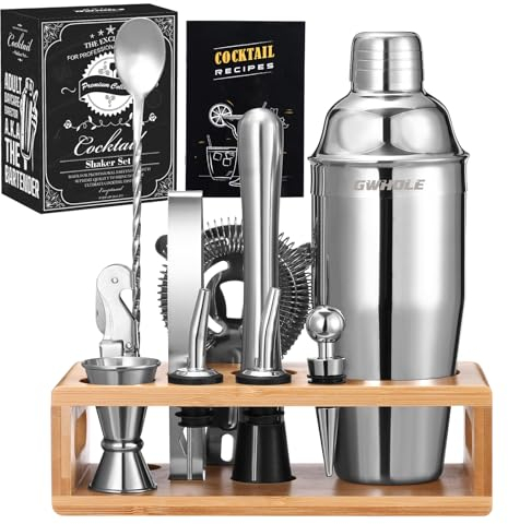 GWHOLE Shaker Cocktail Set Kit Cocktail in Acciaio Inox Kit Barman Professionale Completo Set Cocktail Professionale Set per Cocktail con Accessori, Supporto in Legno, Ricetta