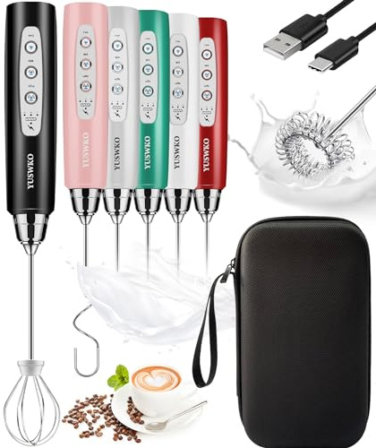 YUSWKO Rechargeable Milk Frother Handheld Frother Wand Drink Mixer for Coffee, Electric Whisk 3 Speed Adjustable, Coffee Foamer Maker with 3 Stainless Whisks Ideal Stirrers for Travel - Black