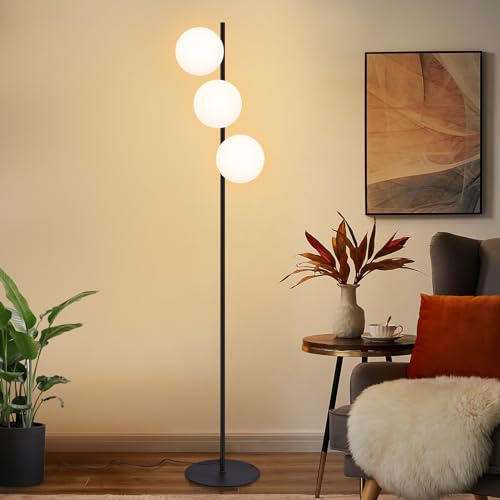 ZMH Stehlampe Wohnzimmer Standleuchte Schwarz Modern Stehleuchte | 3 Flammig mit Fußschalter Metall Design Glas Standlampe E27 Industrial Vintage Bodenlampe für Schlafzimmer kinderzimmer Büro