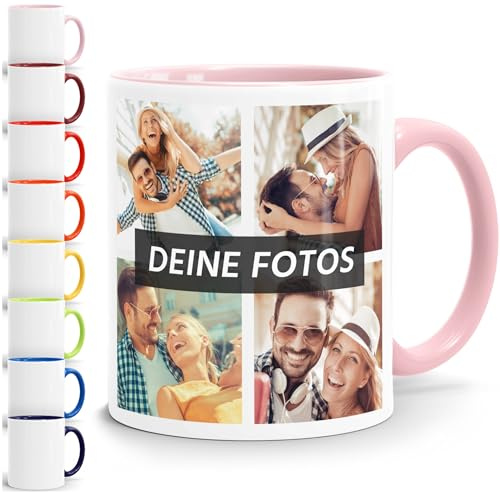 SpecialMe® Tasse personalisiert Fotocollage Fototasse mit bis zu 5 Fotos persönliches Geschenk Kaffeetasse mit Bild selbst gestalten Weiss-innen-rosa standard