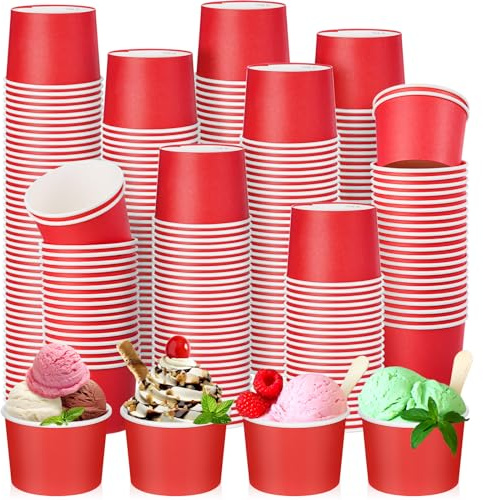 Nuenen 300 Pcs 8 oz Summer Ice Cream Paper Cups Bulk Disposable Dessert Cups Solid Color Paper Dessert Bowls for Snack Sundae Spring Party Favors Ice Cream Bar Supplies (Red)