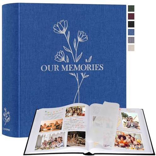 Lanpn Album Fotografico Scrapbooking, Our Memories Grande Lino DIY Scrapbook 160 pagine bianche con divisori di cellofan, per foto 9x13 10x15 13x18 cm (Blu, 30x33,5cm)