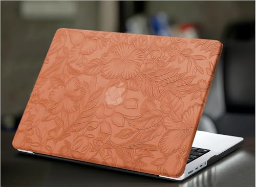 KEROM Hülle für MacBook Pro 13 Zoll 2024-2016 Modell M2 M1 A2338 A2251 A2289 A2159 A1989 A1708 A1706, Strukturiertes Leder Hartschale Case Geprägtes Blumenmuster Schutzhülle und Tastaturschutz, Braun