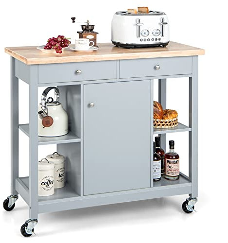 COSTWAY Carrito de Cocina, 4 Estantes Abiertos, 2 Cajones Profundos, 1 Gabinete Cerrado, Carrito Auxiliar con Ruedas Cocina, Carro de Servicio Cocina Comedor, 99 x 46 x 90 cm (Gris)