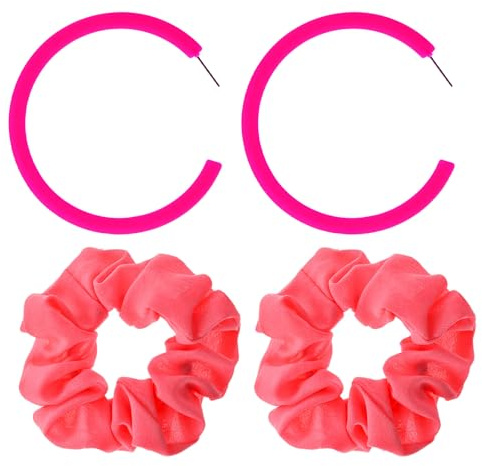 4-pack neonörhängen scrunchies set, 80-tal hår scrunchy, halloween neonörhängen hästsvanshållare hårtillbehör för kvinnor flickor festival fest (rosenröd)
