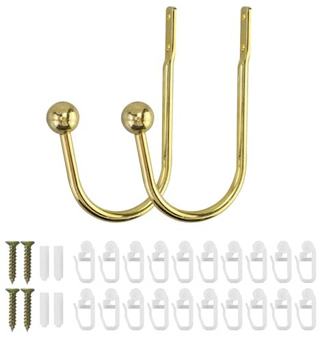 2 Pezzi Metal Holdback Tenda Ganci Fermatende con 20 Ganci scorrevoli per tende, Moderno a Muro Ganci a U fermatenda, Tenda Fermatenda Metallo Supporto, Staffe a forma di U per tende, Oro