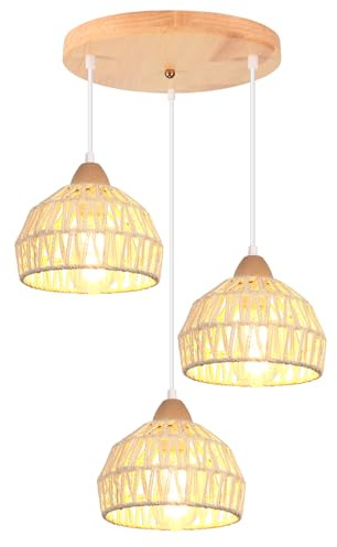 iDEGU Vintage Pendelleuchte 3-flammig Kronleuchter aus Holz Rattan Lampenschirm 20cm E27 Hängeleuchte Dekoration Retro Hängelampe für Esszimmer, Schlafzimmer, Wohnzimmer, Küche (Cremeweiß, Rondell)