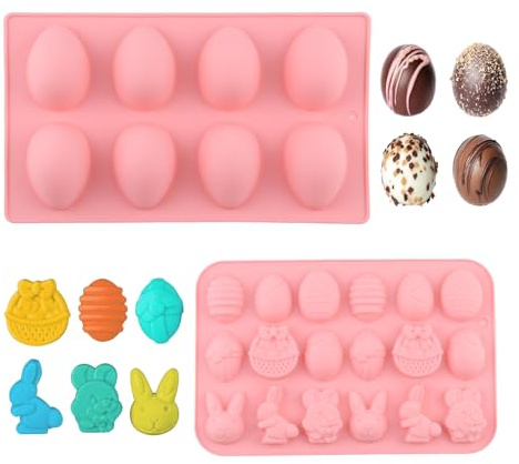 SJUNJIE Moule Oeuf de Paques Moule Lapin de Paques 2 Pièces Moule en Silicone de Pâques Moule Paques Chocolat pour Biscuits Puddings Bonbons Glaces DIY Gâteau de Fête Moule Paques
