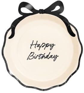18 PIATTI DI CARTA per feste e cerimonie di ogni genere 18 piattini stoviglie monouso per compleanni ricorrenze ed eventi (Happy Birthday AVORIO con FIOCCO NERO)