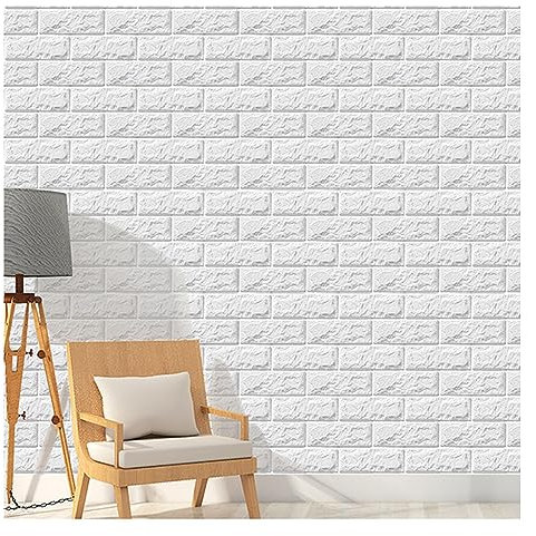 Lot de 10 carreaux muraux en mousse 3D à motif de briques blanches, papier peintf de briques blanches, papier peint autocollant texturé imitation pour : décoration murale intérieure en blanc